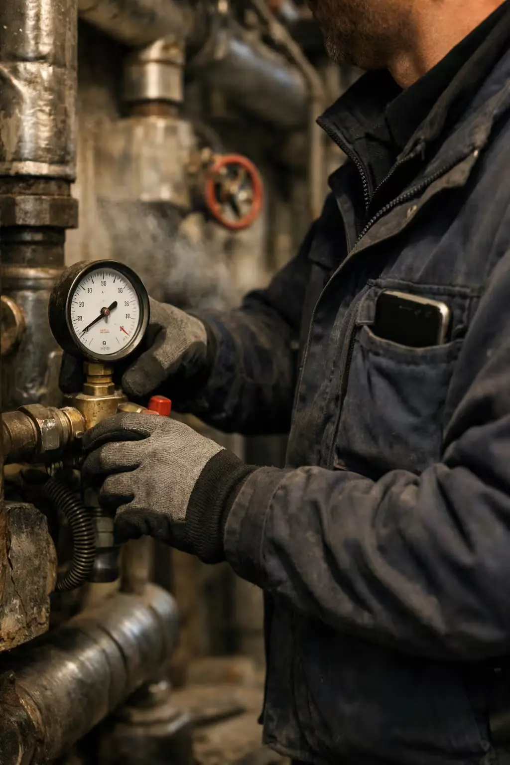 Heiztechniker bei der Druckregulierung – kurzer Check vor Ort