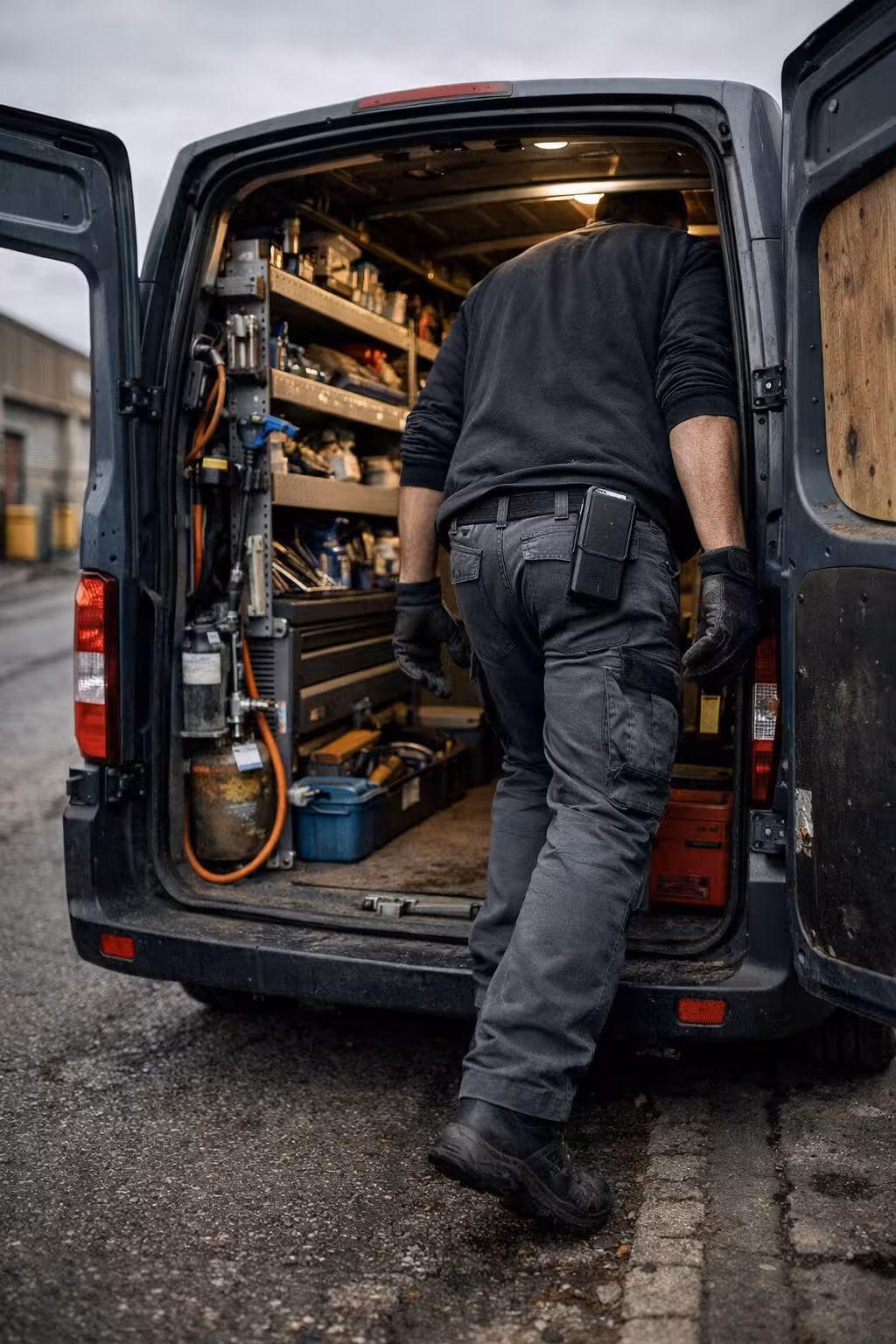 Techniker geht in seinen Service-Van – unterwegs zum nächsten Einsatz