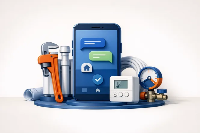 Digitale Rezeption als Smartphone-Konzept mit Handwerker-Werkzeugen