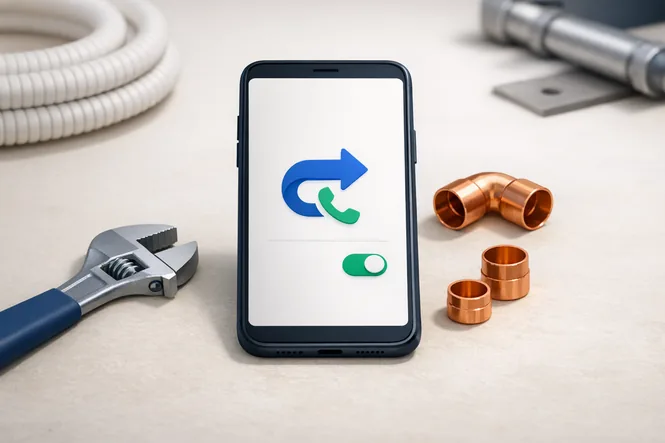 Smartphone mit Rufweiterleitung-Einstellungen auf Handwerker-Werkbank